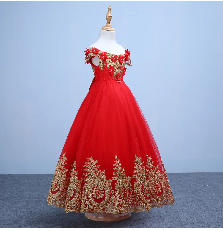 Elegant Red Tulle Appliques Girls Wedding Dress Shoulderless Kids Party Prom Dresses Lace First Communion for Birthday | Детская одежда