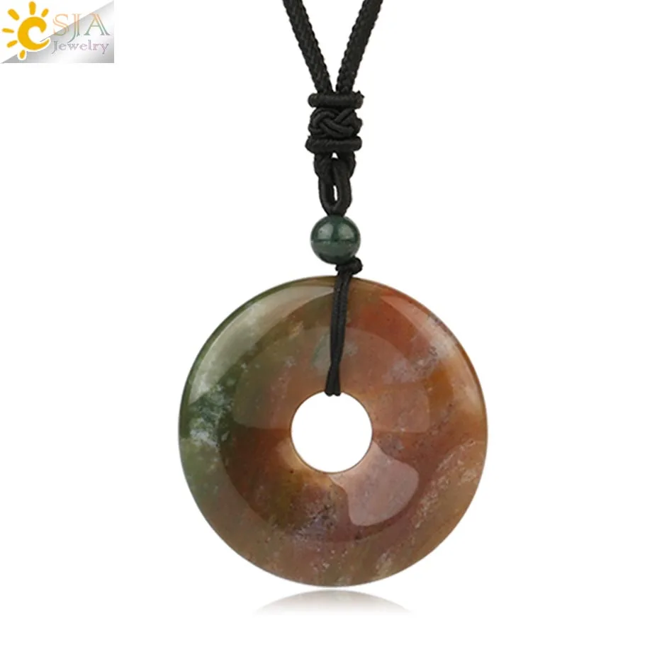 Indian Agate Csja подвеска-Пончик Из Натурального Камня Ожерелье 40 мм Круглый Круг заживляющий розовый с кварцевым тигровым глазом шарик для женщин мужские ожерелья подарок G138 - Окраска металла: Indian Agate
