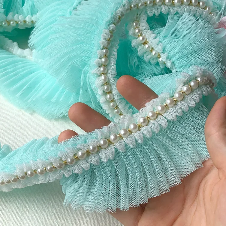5yard/lot 5 см 1 96 &quotШирина розовый/бирюзовых бус сетки жатой ткани Вышивка лентами