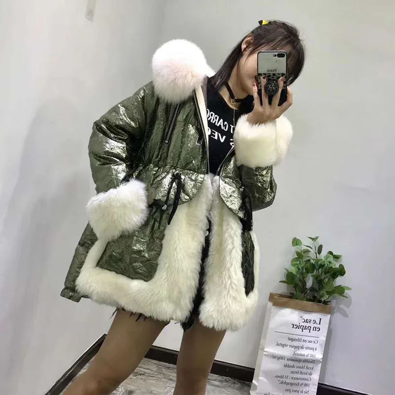 Женское пальто, зимнее, плотное, теплое, новинка, модный пуховик на утином пуху, натуральный Лисий мех, с капюшоном, парка из натуральной овечьей шерсти, abrigos mujer