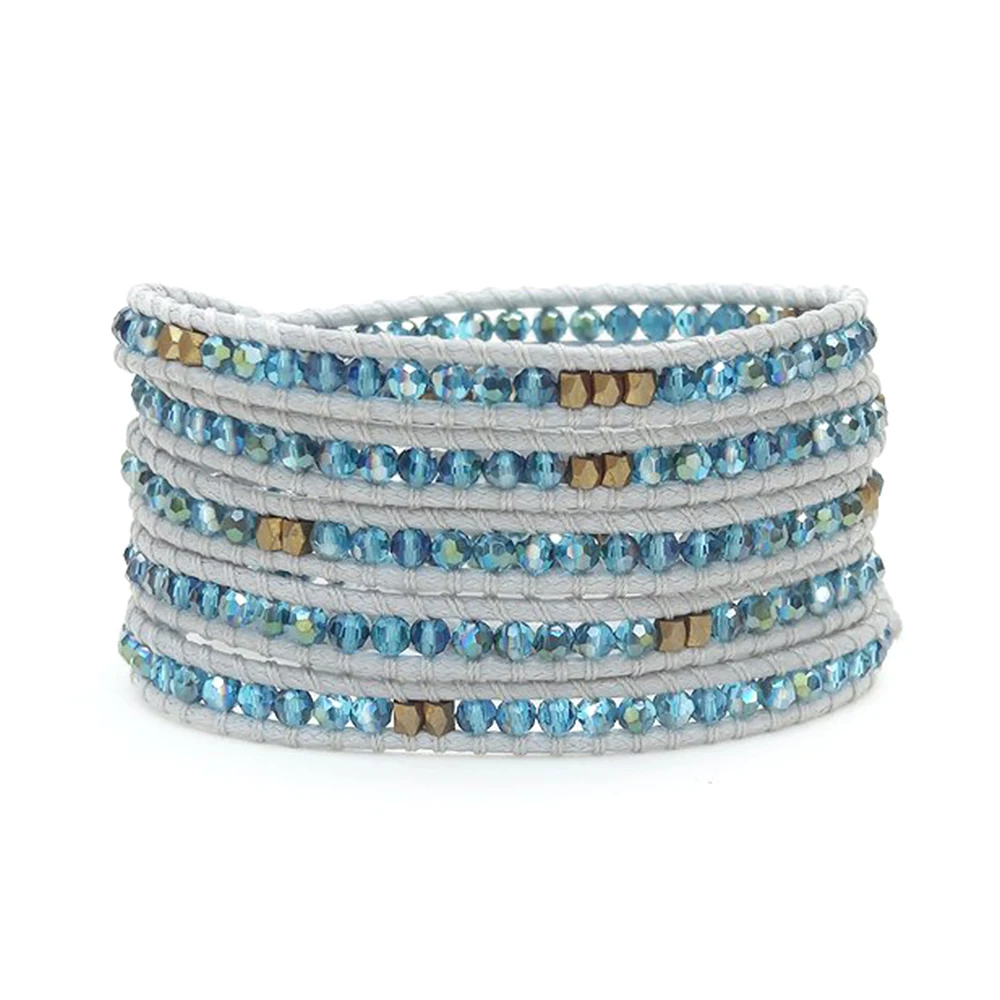 

Blue Crystal Brass Bead Mix Women 5 Wraps Handmade Woven Cuff Bracelet Jewelry for Gift