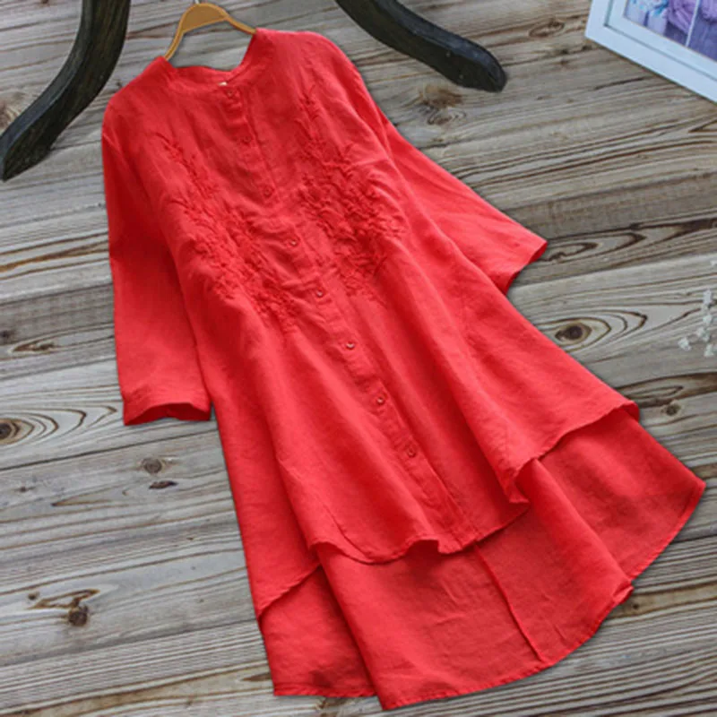Summer Casual Loose Cotton Ladies Long Sleeve Vintage Embroidered Knee-Length Dress | Женская одежда