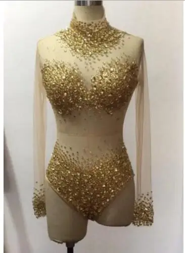 Fashion 6 Colors Stones See Through Bodysuit long Sleeves Stretch Sexy Perspective Performance Celebrate luxurious Dance outfit | Женская