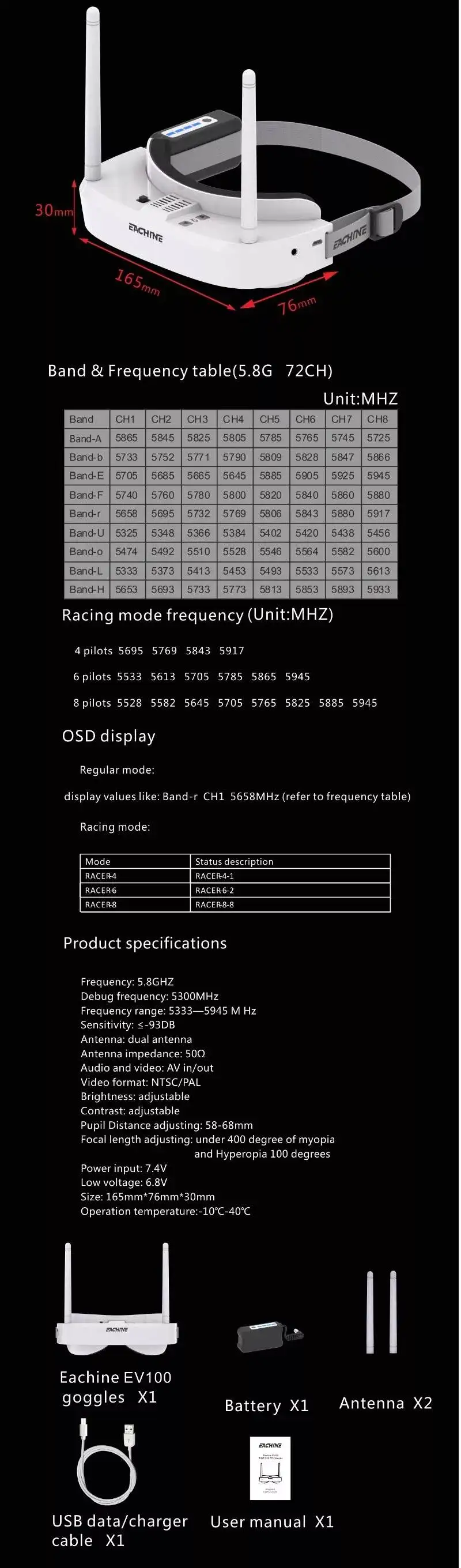 Eachine EV100 720*540 5,8G 72CH FPV очки белый с мини DVR 7,4 V 1000mAh батарея RC Дрон пульт дистанционного управления игрушки запчасти