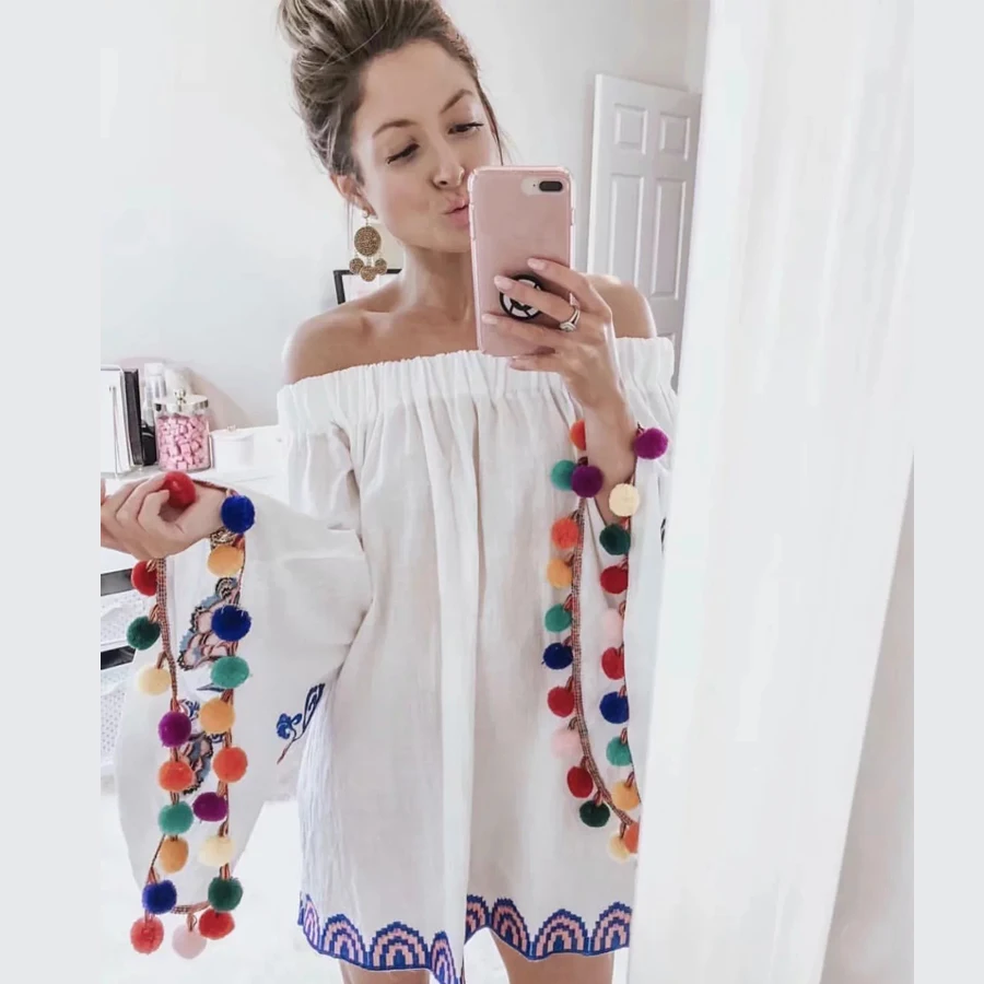TEELYNN Boho white blouse for women floral Embroidery sexy off shoulder summer flare long sleeve blouses blusas |