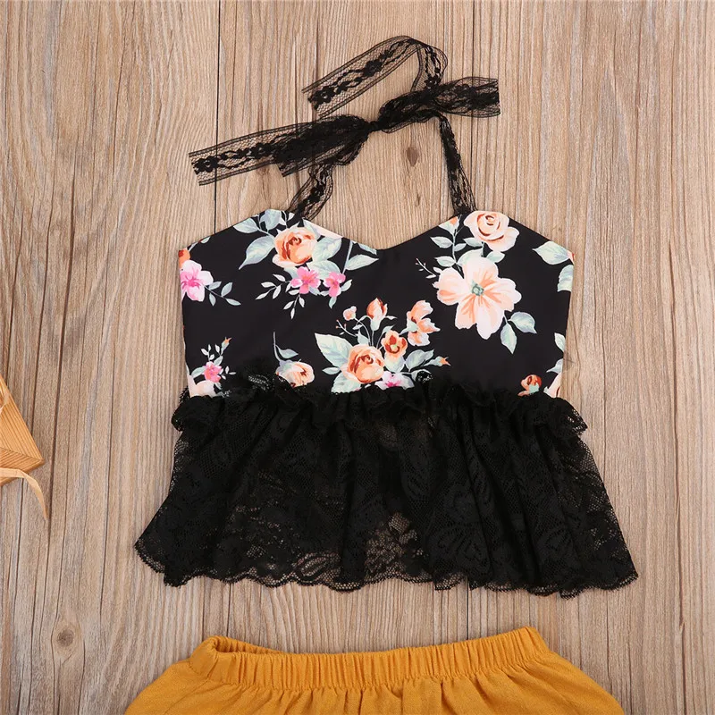 2017 г. Милая Одежда для новорожденных девочек кружевной жилет Топ + короткие штаны