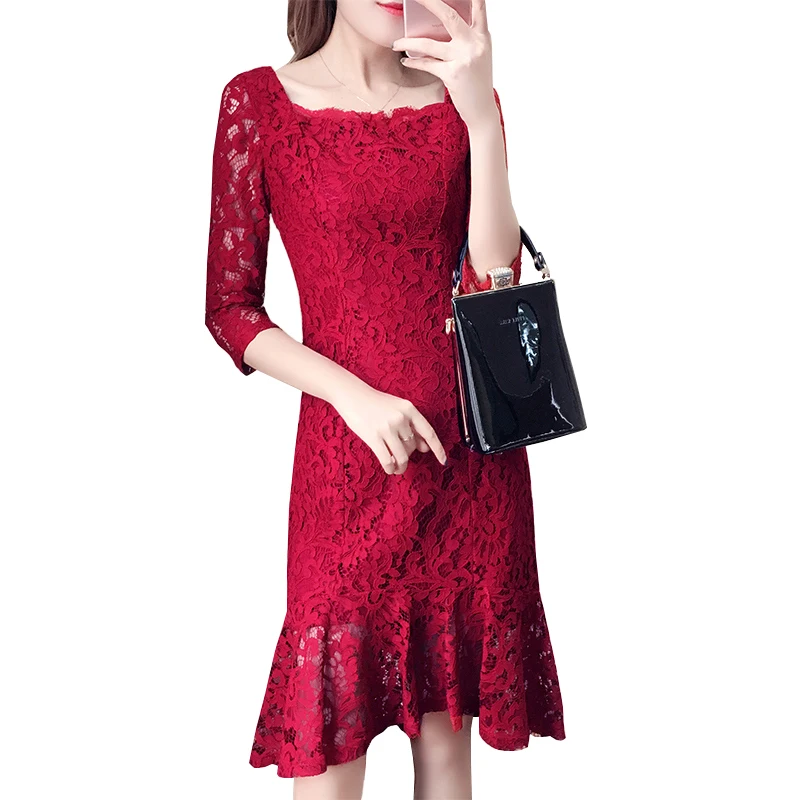 

Spring and Autumn Women's new seven-point sleeves red / black hook flowers hollow lace long section fish tail Slim dress