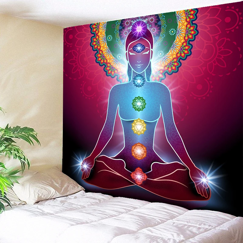 

Indian Buddha Statue Meditation 7 Chakra Tapestry Wall Hanging Mandala Tapestries Wall Cloth Psychedelic Yoga Carpet Boho Decor