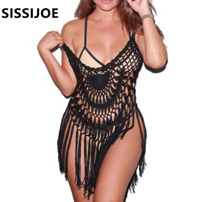 

Sexy women hollow out beach cover up crochet tassel cover-ups bathing suit swimwear female black dress beach wear beachwear
