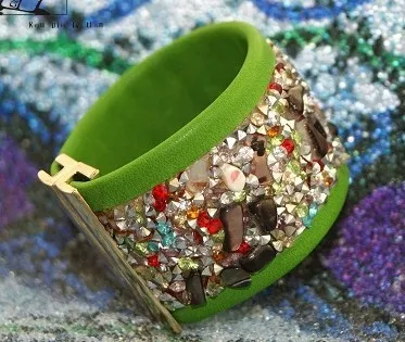 Colorful bright leather with colorful zircon art green wide bracelets bangles | Украшения и аксессуары