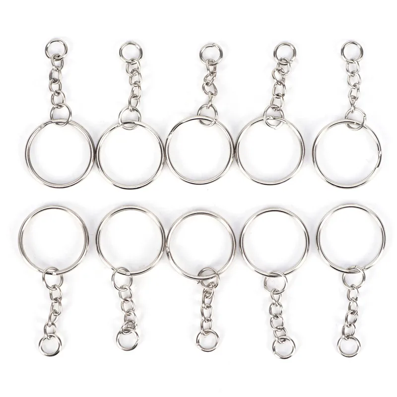 

50 Pcs Polished Split Ring With Short Chain Key Rings Silver Color Keyring Keychain Women Men DIY Key Chains Accessories 25mm