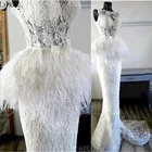 Женское вечернее платье-русалка, элегантное кружевное платье цвета слоновой кости, с перьями, высокой талией, жемчугом, на заказ
