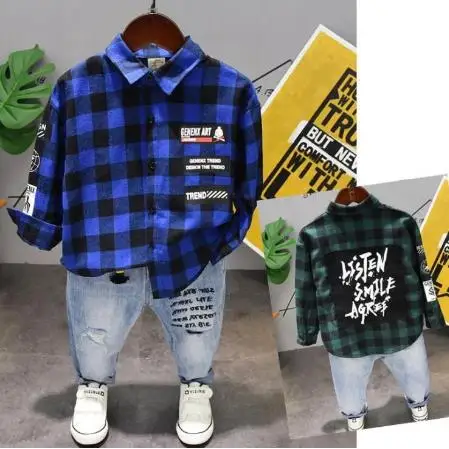 

Kids Sport Suit For boys Clothing SetsChildren Boys Clothes 2020 spring Autumn Clothes Costume grid shirts+ jeans 2pcs Outfits