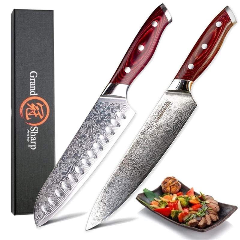 

Grandsharp Knife Set 2Pcs Damascus Kitchen Knives Chef Santoku Knife Japanese Damascus Stainless Steel Knife Cleaver Gift Box