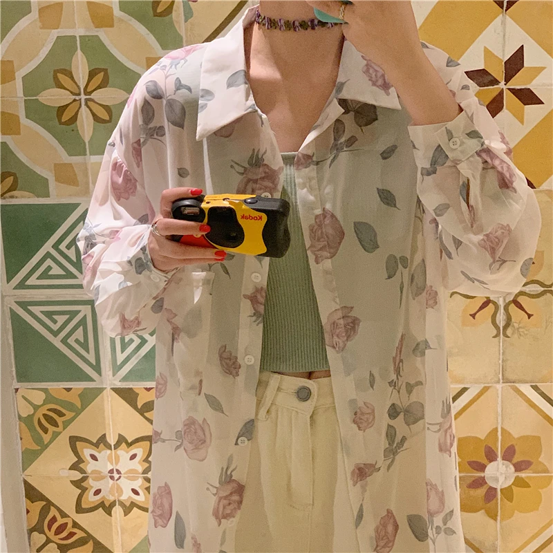 2019 летнее платье в Корейском стиле с цветочным принтом Длинные рукава блузки