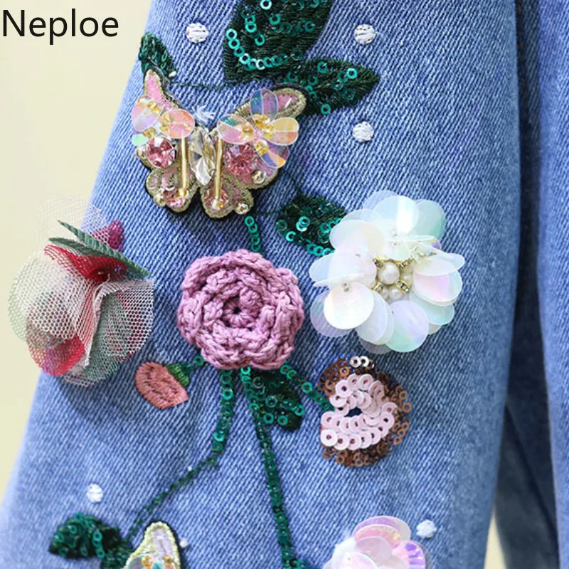 Женские джинсовые куртки с вышивкой Neploe однобортные длинными рукавами свободные