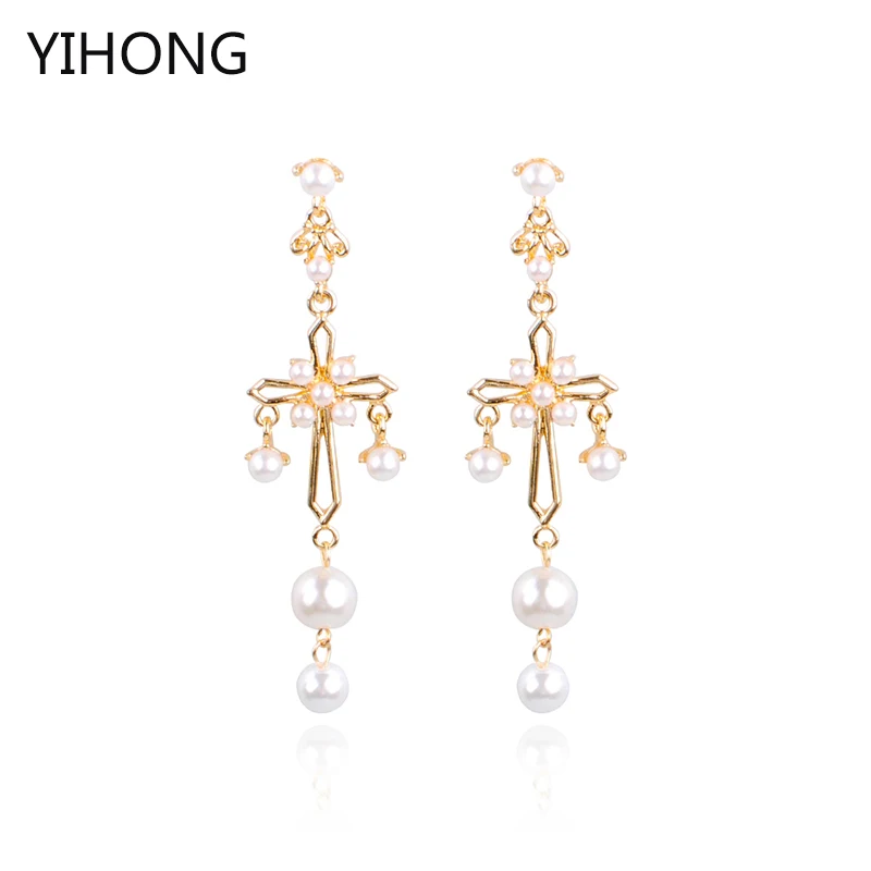 Роскошные Подвесные серьги кресты с искусственным жемчугом золотого цвета
