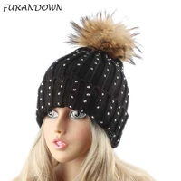 womens hat winter thick knitted hat rhinestones beanie fur pompom winter hats for women skullies cap