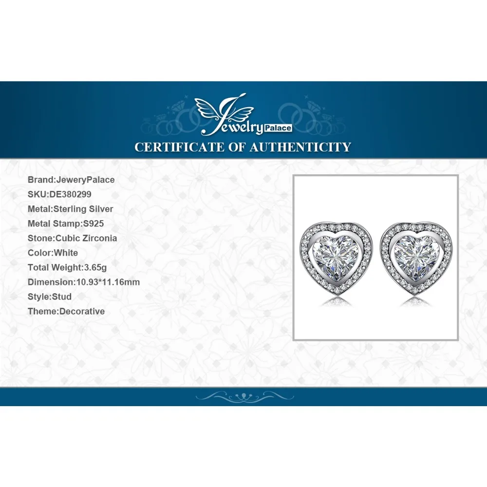 JewelryPalace любящее сердце CZ серьги гвоздики 925 стерлингового серебра для женщин в