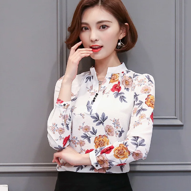 Spring Autumn Chiffon Shirt Women Korean Long-sleeved Fashion Blouse Office Ladies Temperament Printed V Collar Work Top H9139