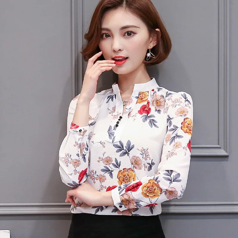 

Spring Autumn Chiffon Shirt Women Korean Long-sleeved Fashion Blouse Office Ladies Temperament Printed V Collar Work Top H9139