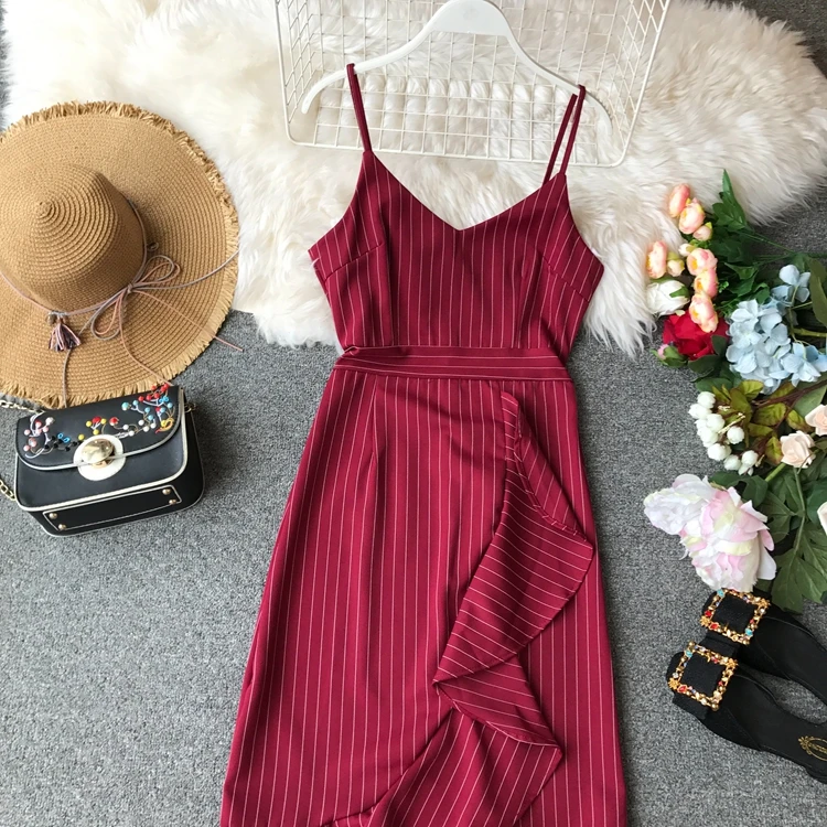 ALPHALMODA Полосатое летнее платье на тонких бретельках, приталенное асимметричное Плиссированное ТРАПЕЦИЕВИДНОЕ женское летнее платье