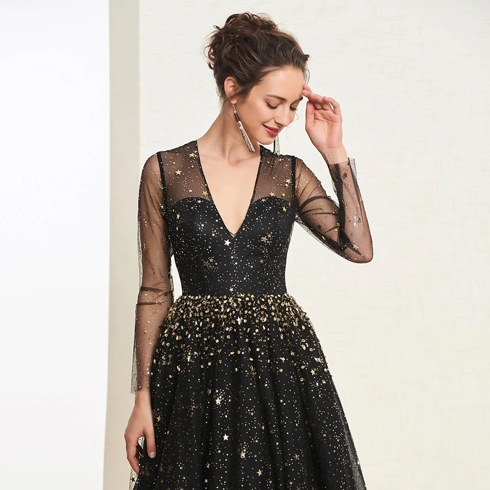 Черное вечернее платье с v-образным вырезом ТРАПЕЦИЕВИДНОЕ элегантное длинными