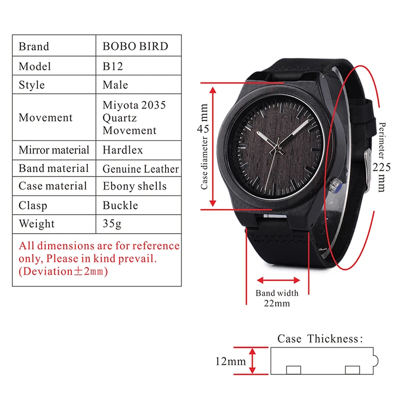 BOBO BIRD WB12 мужские часы асимметричного дизайна из черного дерева с мягким кожаным ремешком в подарочной коробке, Прямая поставка, OEM
