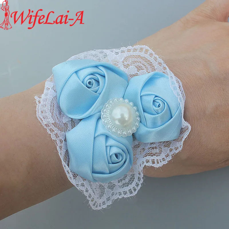 

WifeLai-A Baby Blue корсаж на запястье прекрасная Шелковая Роза для подружки невесты цветы на запястье украшение для вечерние цветы ручной работы с...