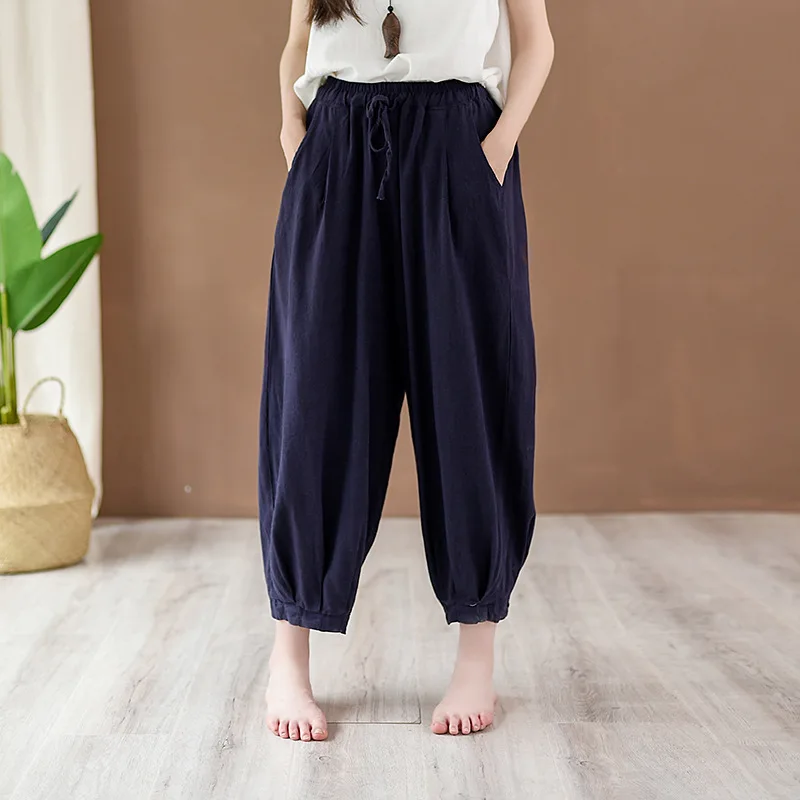 Женские летние хлопковые льняные штаны Knickerbockers однотонные брюки с эластичным