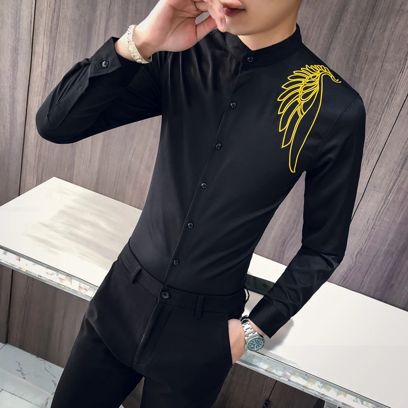 Фирменная Новинка Для мужчин платье рубашка мода осень Вышивка Slim Fit рубашки