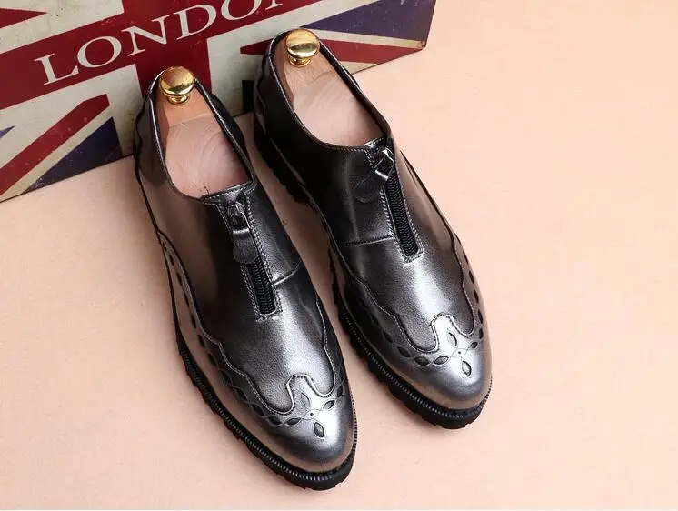 

Dress shoes men slip on zip genuine leather smart casual shoes platform chunky heel height increasing pointed toes carved shoe