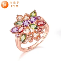 fym fashion colorful flower shape rose gold color rings for women crystal party ring cubic zirconia ring size 6 7 8 9