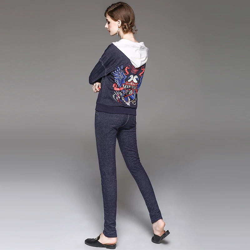 autumn winter woman outfit dark blue hooded jacket pants two-piece eagle pattern print back white hood fashion casual set | Женская