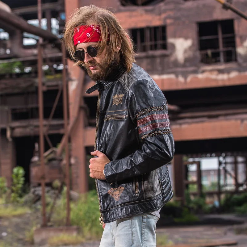 Мужская винтажная Байкерская кожаная куртка черная облегающая мотоциклетная из