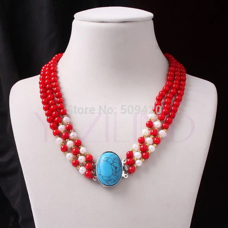 30% off Wholesale prices Fast SHIPPING&gt&gt@&gt &gt Wholesalered coral ball white fresh water 7mm pearl genuine turquoise 18&quot collar ne |