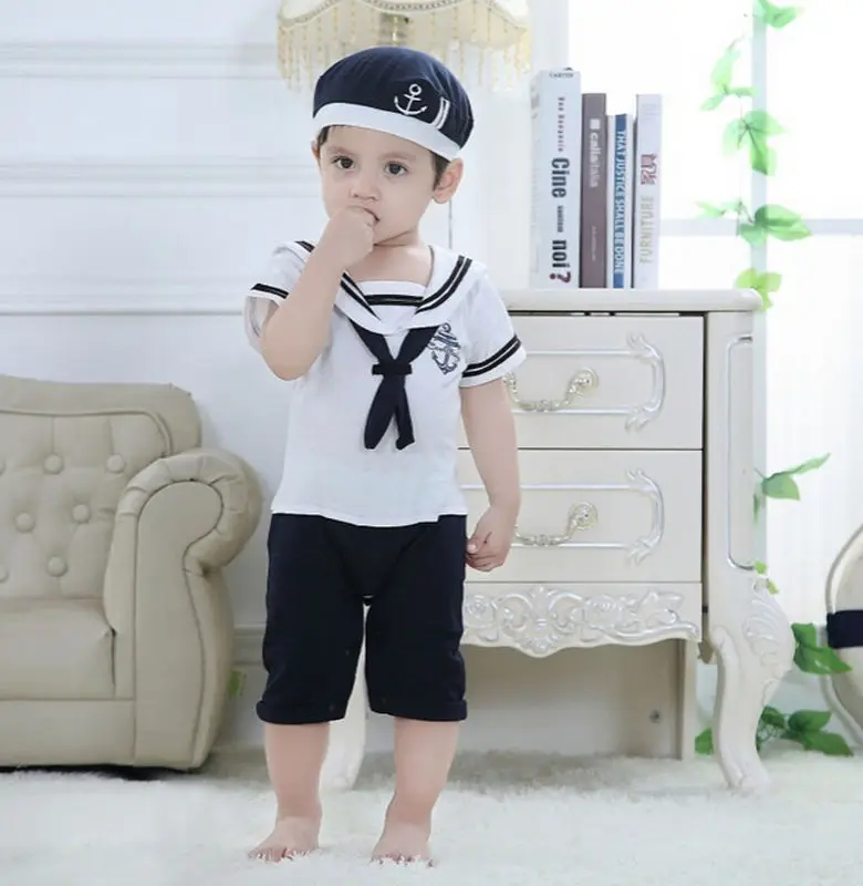 2PCS Toddler Boy Jumpsuits 0M-24m Newborn Baby Sailor Playsuit Outfit Set Romper Clothes+Hat |