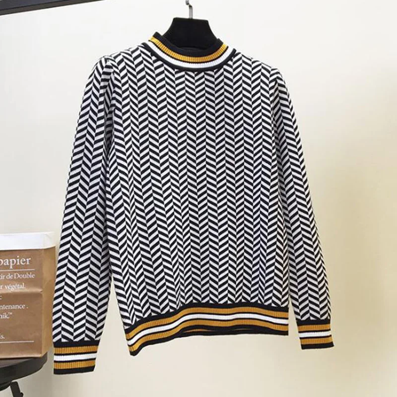 2019 New Europe and America Striped splice knit sweater Women Spring autumn fashion Leisure loose Knit pullover cc447 | Женская одежда
