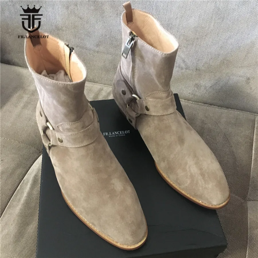 Exclusive Handmade designer real picture High Top Ankle Strap Suede Leather Men Denim Boots Wyatt Catwalk Wedge Chelsea | Обувь