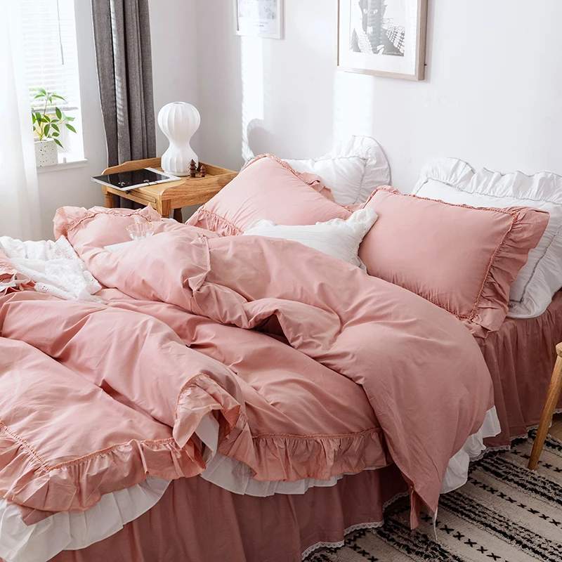 4 шт принцесса стиль Чистый хлопок кровать пододеяльник юбка наволочка сплошной