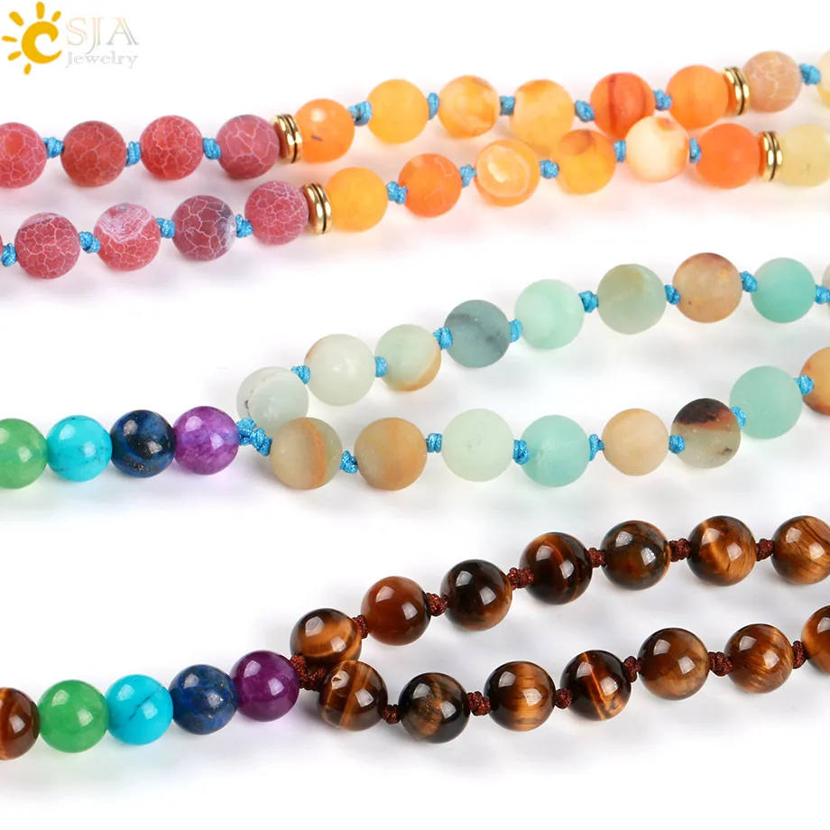 Женское длинное ожерелье CSJA из 7 чакр с кисточкой камня Mala Amazon Lapis Lazuli Tiger Eye Boho