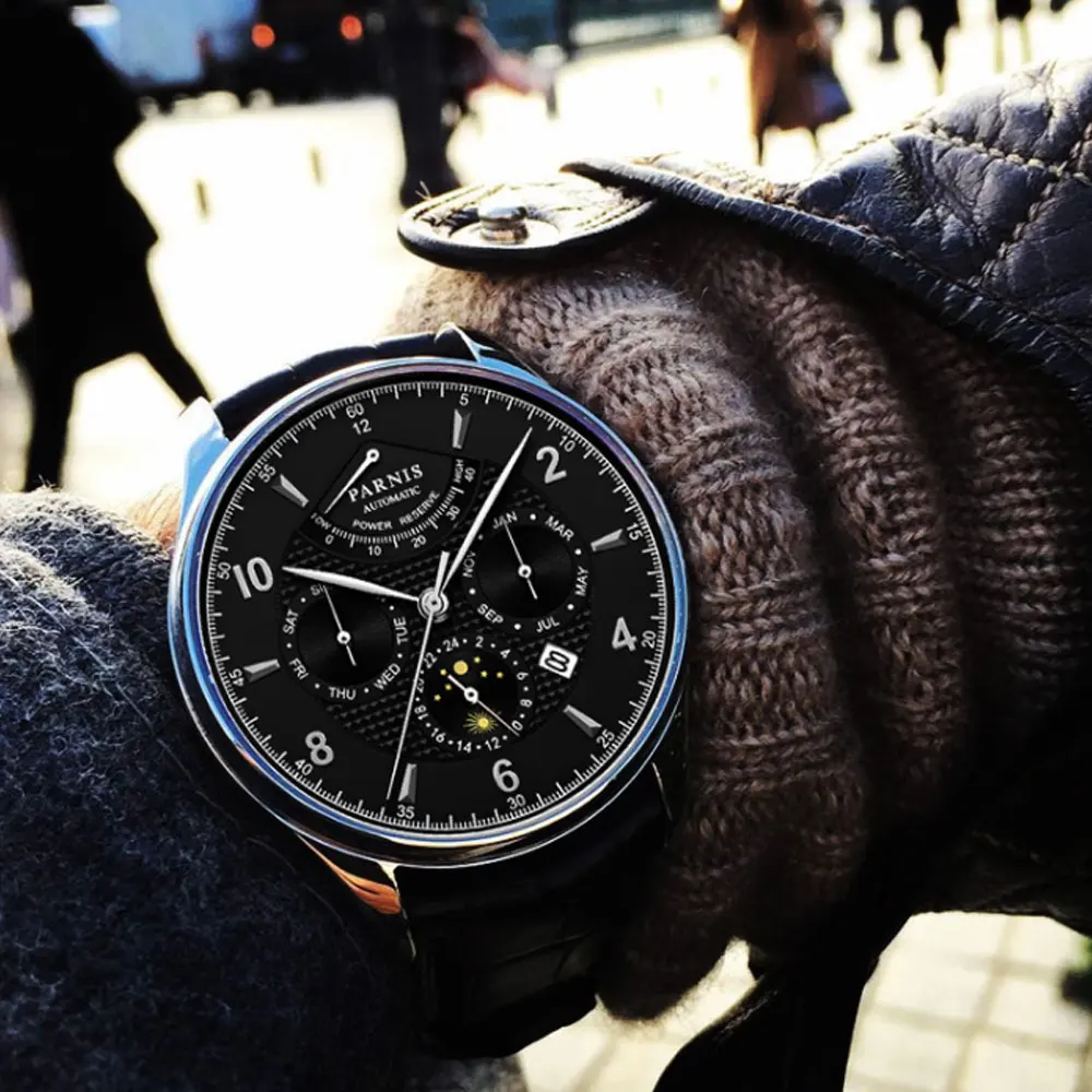 42 мм Parnis бизнес часы для мужчин запас мощности Moon Phase механические часы кожаный ремешок водонепроницаемый Miyota автоматические часы для мужчин