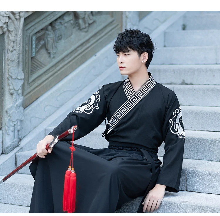 Hanfu мужской черный китайский костюм традиционный Древний Династия Цин мужской сценический наряд Национальный фольклор шоу одежда DNV11617