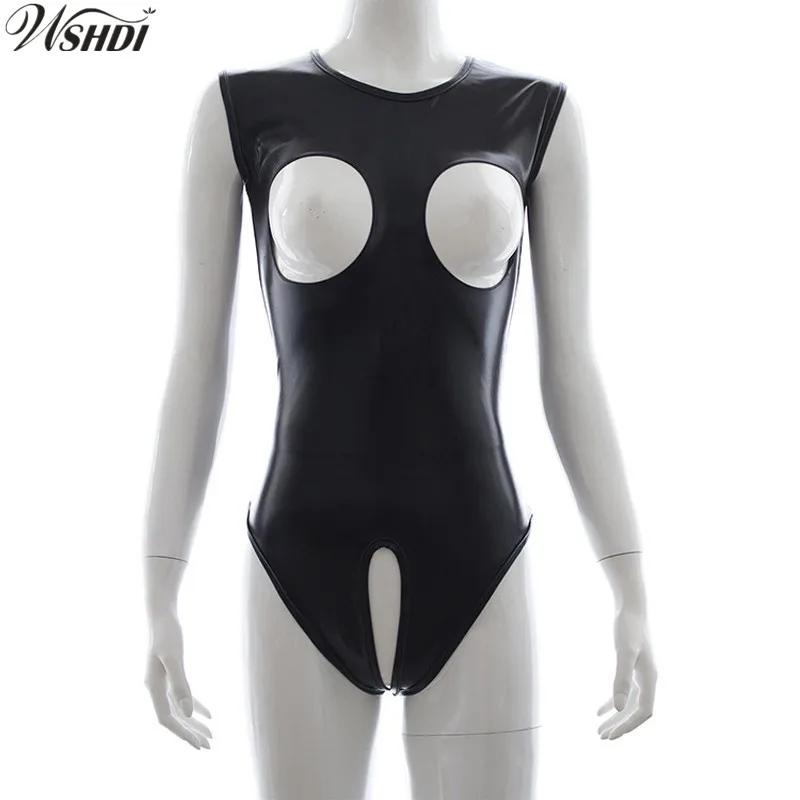 Сексуальный женский Блестящий из искусственной кожи боди с открытой спиной и