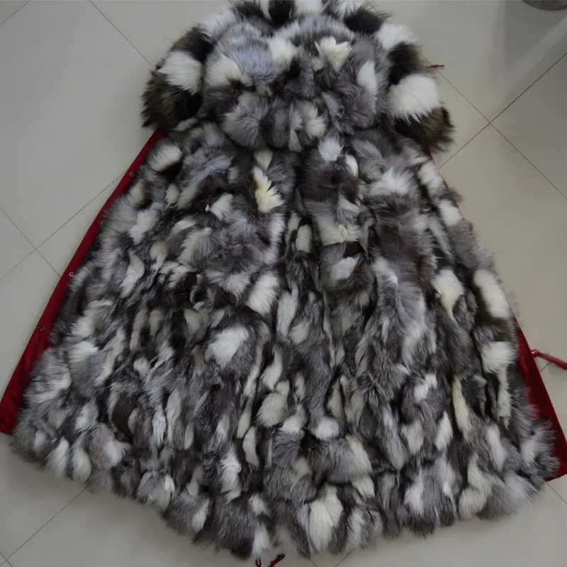 Long style Luxury real fox fur women parka coat black &amp white grey joint lining winter | Женская одежда