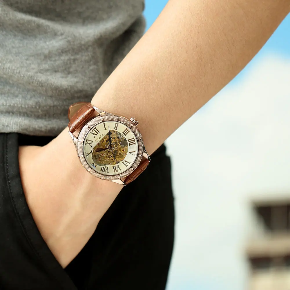 SEWOR Брендовые мужские механические часы наручные кожаный ремешок аналоговый