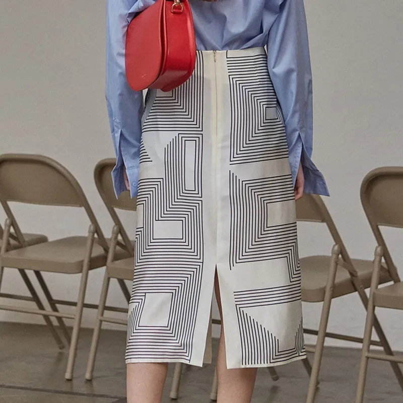 TWOTWINSTYLE Korean Geometric Print Skirt For Women High Waist Cross Split Slim Midi Skirts Female Fashion Clothes 2020 Summer | Женская