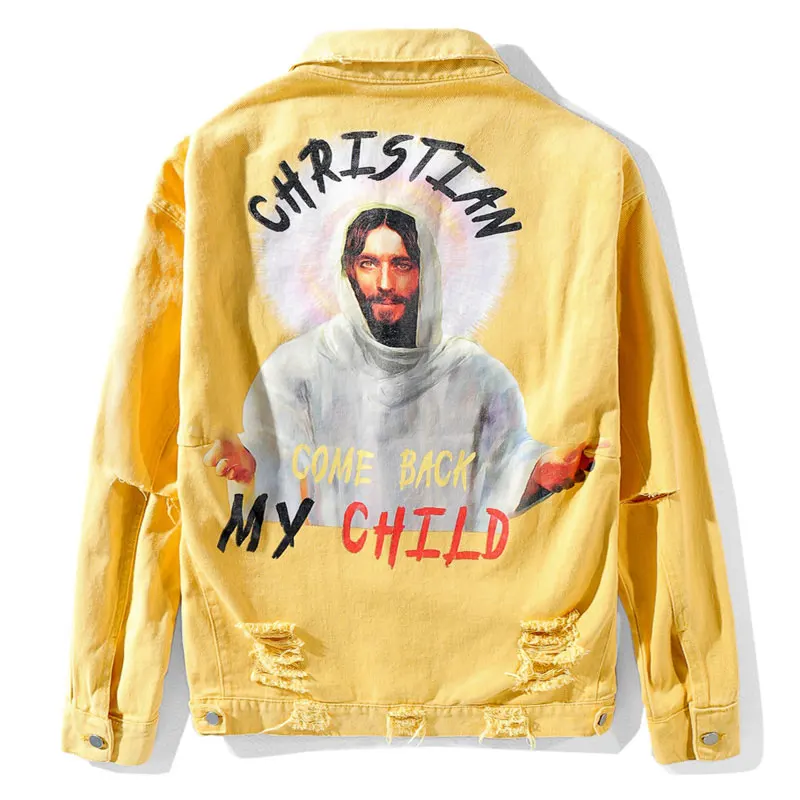 Yellow GONTHWID God принтованные рваные джинсовые куртки с дырками мужские модные повседневные джинсы джинсовая куртка Пальто Верхняя одежда - Цвет: Yellow
