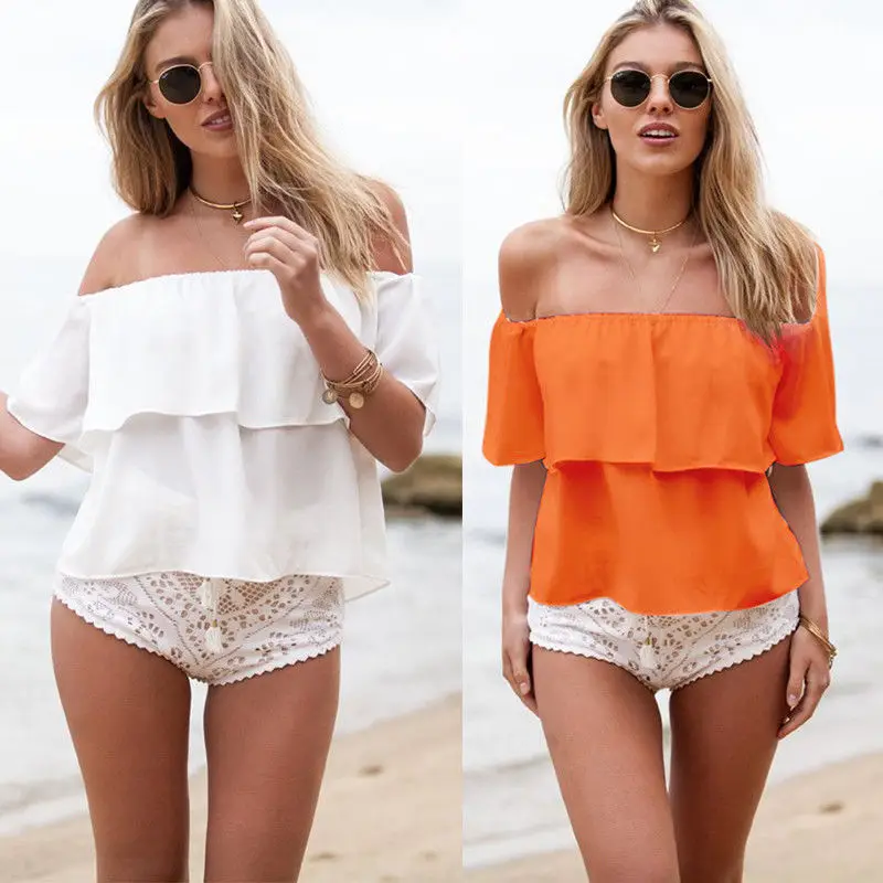 Женская блузка летняя с коротким рукавом открытыми плечами|ladies chiffon blouses|ruffle