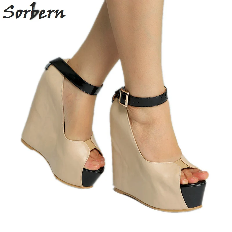 

Sorbern Nude Ankle Strap Peep Toe Wedge Shoes Women Pumps Platform 14Cm High Heels Size 11 Womens Shoes Multi Colors Wedges